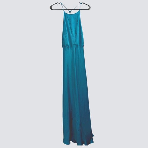 Anthropology Pinko Turquoise Blue High Neck Satin Slip Dress Medium It42/Us6 - Picture 3 of 16
